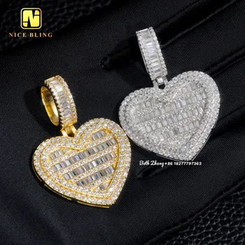 Heart Shape Moissanite Diamond Pendants Hip Hop Silver Jewelry Fashion Baguette Cut Diamond Charm Pendants