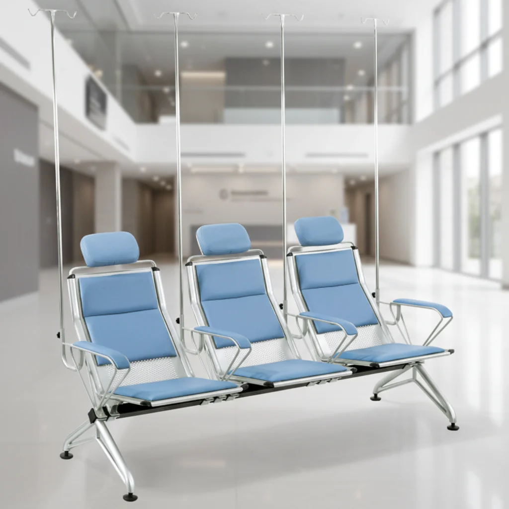 Modern Steel Hospital Waiting Room Three-Person Seating with IV Support Poles Durable & Eco-Friendly Commercial Furniture 2