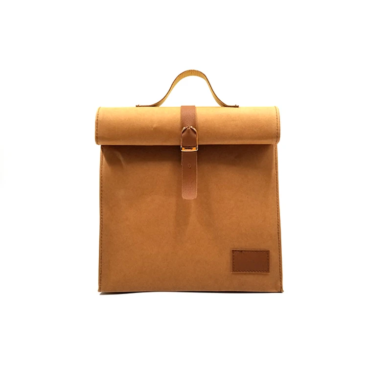 Factory Extra Bulk Ladies Washable Kraft Paper Bag with Leather Handle