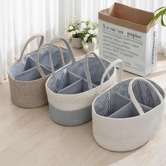 Multicolor Hand Woven Cotton Rope Diaper Basket Portable Living Room Toy Storage with Removable Fabric Partition