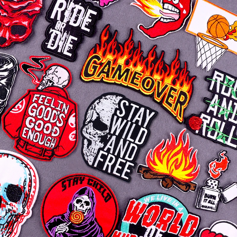 Custom DIY Personality Logo Patches Flame Letters Ghost Face Iron on Embroidered Patches for Clothing