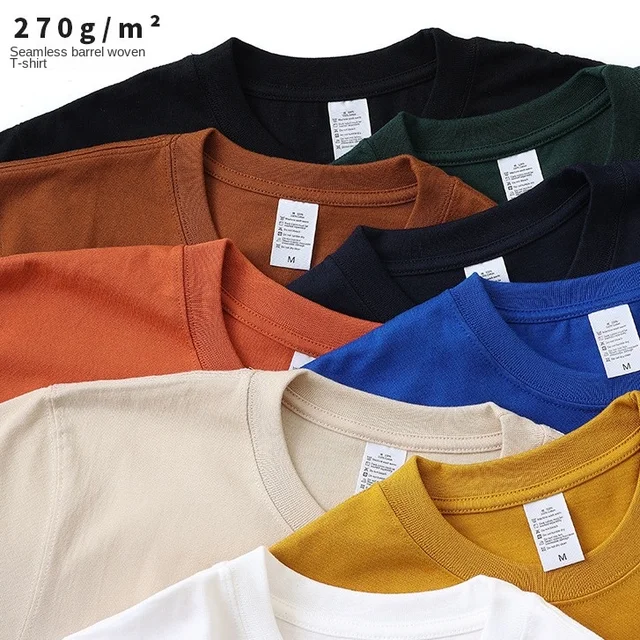 Heavy 270g Pure Cotton Unisex Loose Fit Retro Pure Color Thickened Short Sleeve No Drop Shoulder Shirts Custom Your Own Logo