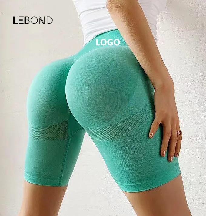 Custom Logo Matching Nylon Yoga Workout Short Tights Ribbed Seamless