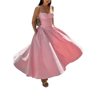 Women's Sexy High Waist Summer Latest Solid Color French Elegant Retro Style Strap Maxi Dress Long Skirt