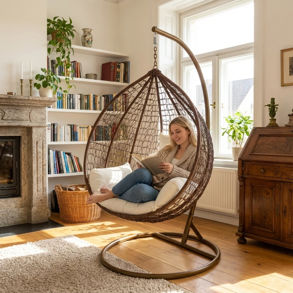 Sedia a Dondolo Sospesa in Rattan e Resina per Interni, Camera da Letto, Balcone e Veranda, per Adulti e Bambini