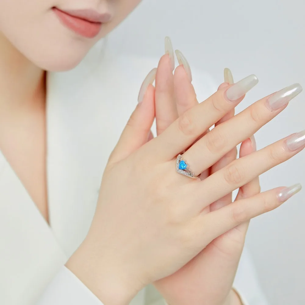 KAKODIY 925 Sterling Silver Heart Star 5A Cubic Zirconia Ring Wedding Engagement Promise Blue Opal Ring Jewelry for Women detail 4