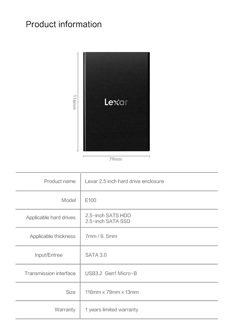Lexar E100 Case External Hardisk Enclosure 2.5" SATA III USB3.2 GEN 2 Type C for 2TB 4TB SSD Internal Solid State Disk