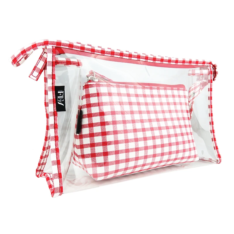 Checkered Zipper Makeup Bag Pink and Red