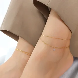 OEM Ladies 18K Gold Plated Stainless Steel Anklets Tarnish-Free Zircon Charm Double Layer Chain with Pearl Main Stone for Women
