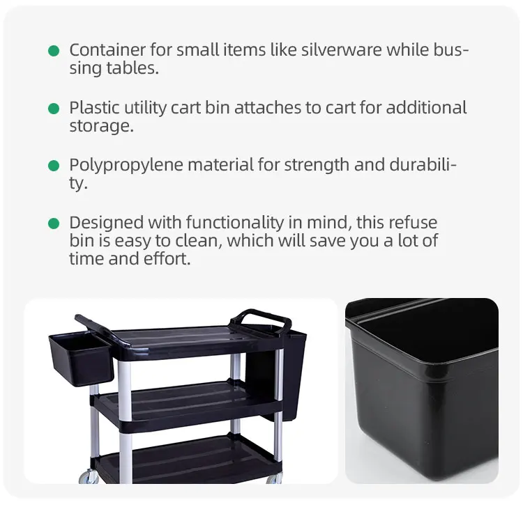 Food service black trash can refuse bin siliverware bin for utility bus cart supplier