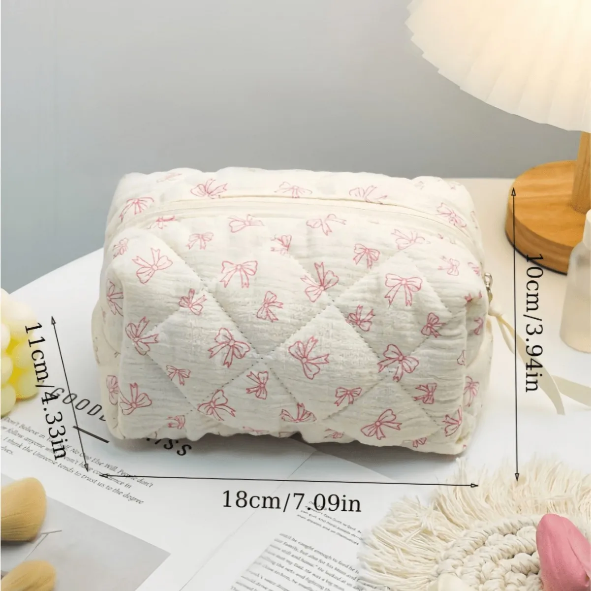 Wholesale Promotional Cotton Cosmetic Bag Cute Bow Daily Necessities Storage Makeup Organizer Factory Price