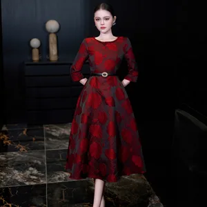 Bettergirl 2026 Ramadan Light luxury collar studded rhinestone retro round neck seven quarter sleeve dress
