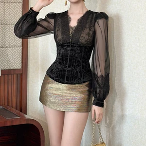 ZYHT 21907 Black Lace & Velvet Corset Top with Sheer Organza Puff Sleeves V-Neck & Button Long Sleeve Dressy Blouse Women Blouse
