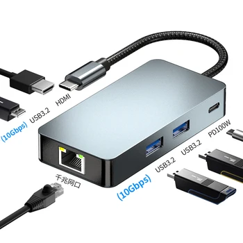 4K 60Hz HUB To HDTV Adapter USB 3.2 Type C Docking Station PD 100W Type C Splitter 1000M Port for Macbook iPad Xiaomi