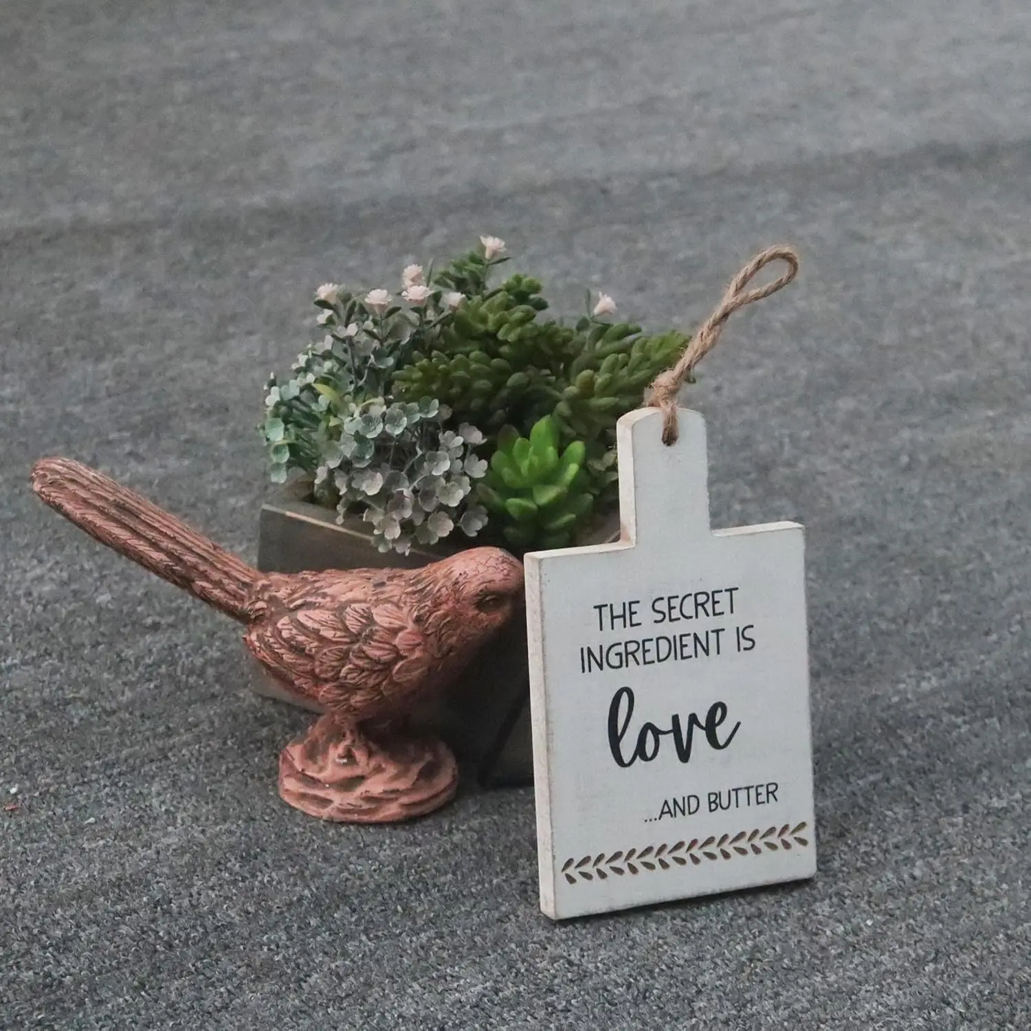 The Secret Ingredient is Love and Butter Warming Quote Wall Decor with Rope Hanger, Rustic Wall Hanging Sign, Wooden Wall Art Si
