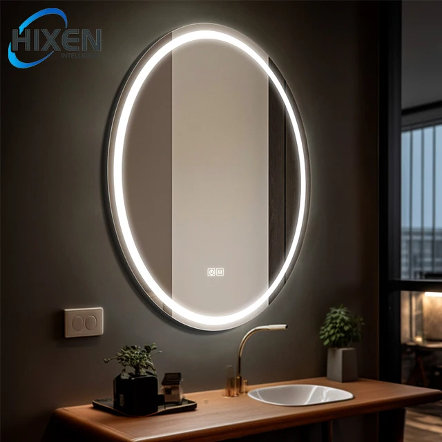 HIXEN oval frameless touch screen smart hotel bathroom anti-fog Bluetooth high quality led mirrors