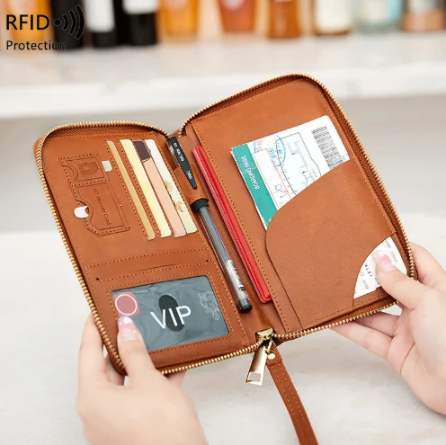 Solid Color RFID PU Leather Passport Credit Card Wallet Customizable Business Card Holder Stylish Travel Zipper Closure 6 Inch