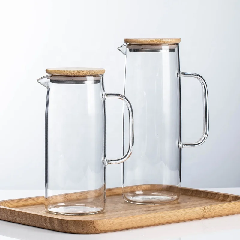 1000ml 1300ml Glass Water Pitcher Round High Borosilicate Glass Pitcher Set with Bamboo Wooden Lid Glass Water Pitcher