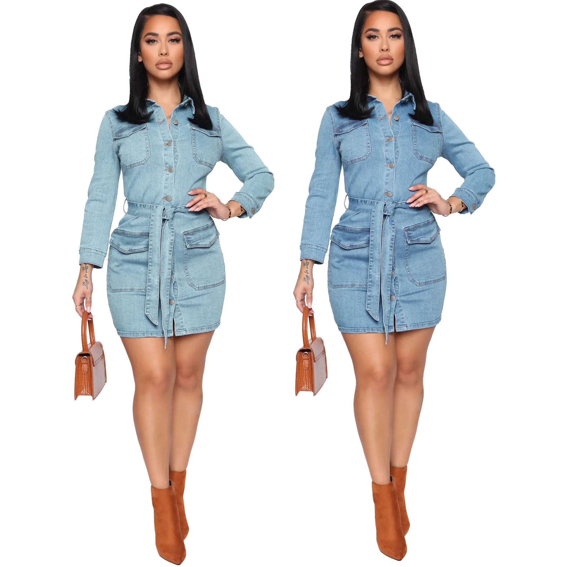 sachin and babi light blue dress SMR9896 New Arrival Fashion Long Sleeve Denim Dress Women Slim Fit Jeans  Dresses Women Lady Elegant Girls Dresses With Belts