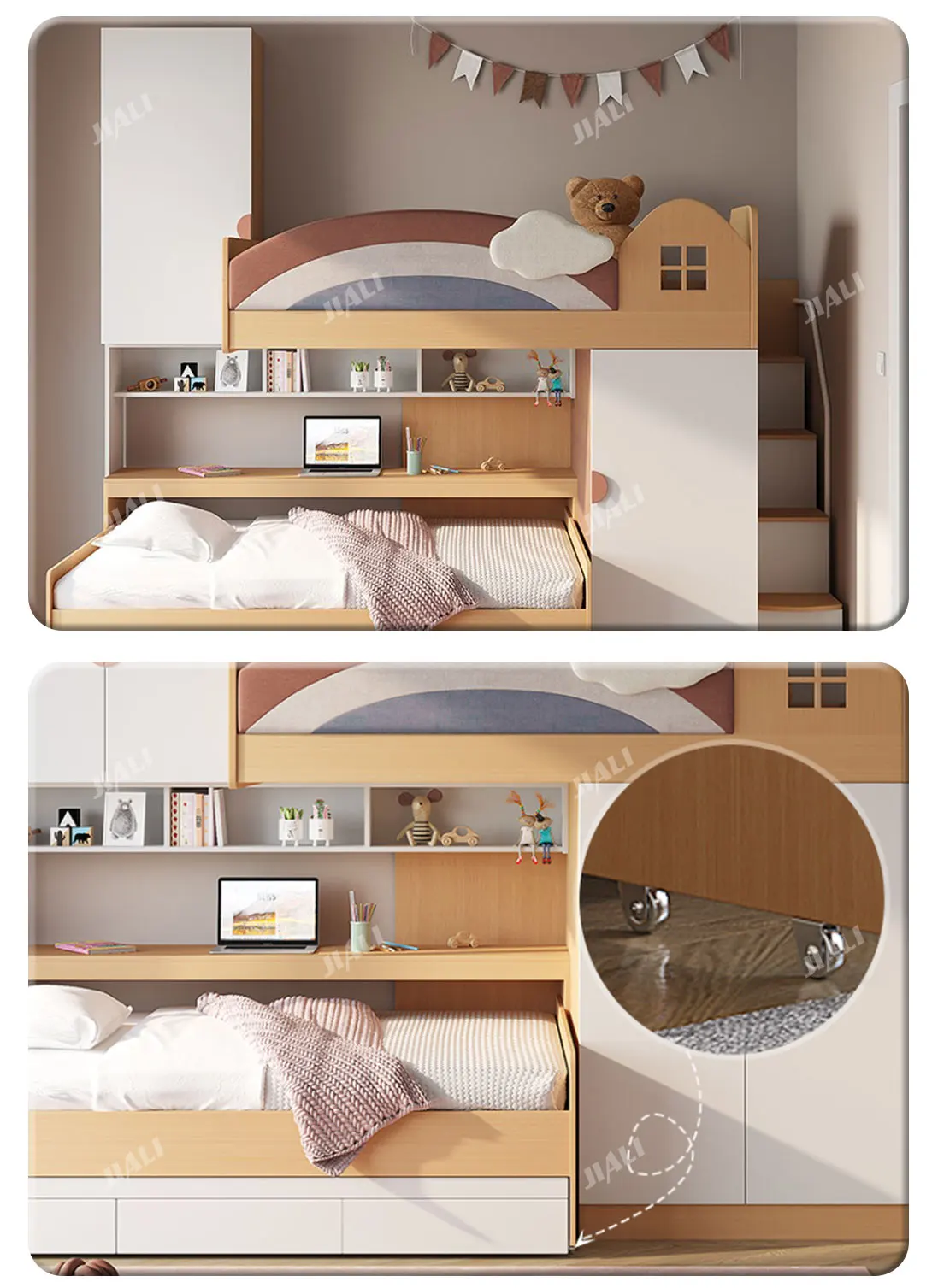 Luxury Preschool Girl Bedroom Set Kids Wooden Double Storage Rack