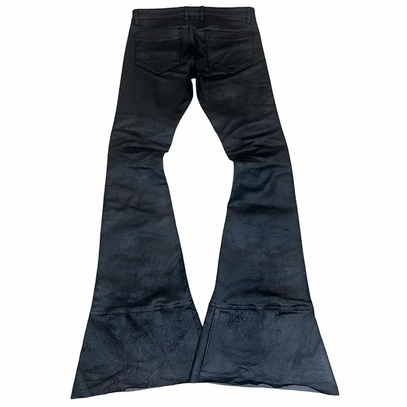 Custom Y2k Streetwear Washed Design Skinny Stacked Flared Waxed Black Jeans Men