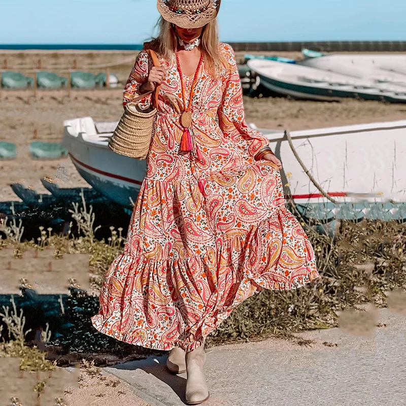 Wholesale Vestido Women Vintage Floral Print Maxi Bohemian Boho Dress V Neck Ruffle Women Boho