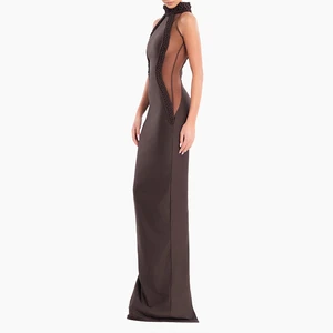ZYHT 70083 Brown Maxi Sexy Mesh Bodycon Pencil Sleeveless High Neck Slit Club Party Formal Evening Casual Dress