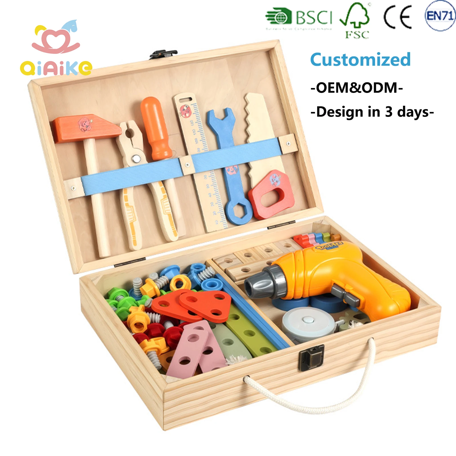 Montessori-Holz-Reparaturwerkzeugkasten, STEM-Kinderspielzeug mit Rollenspiel-Elementen zum Nachahmen von Montagevorgängen (Schrauben, Muttern), Konstruktionsspielset mit elektrischem Bohrer