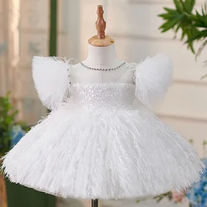White Luxury Princess Dress Baby Girls Flying Sleeve Feather Design Solid Formal Performance Dresses Summer Clothes for Kids