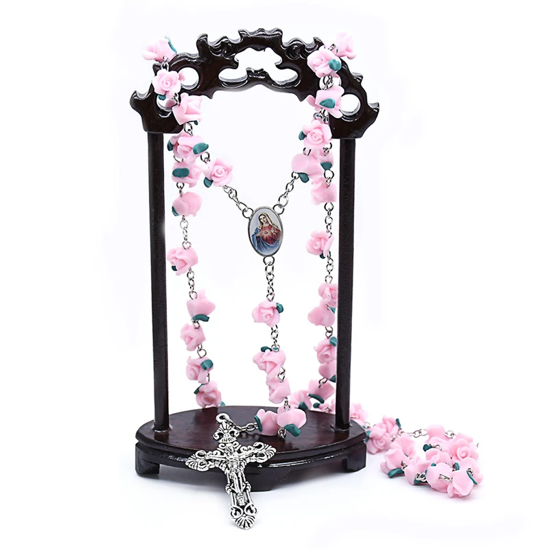 Catholic Rosary Handmade Pink Rose Beads Necklace