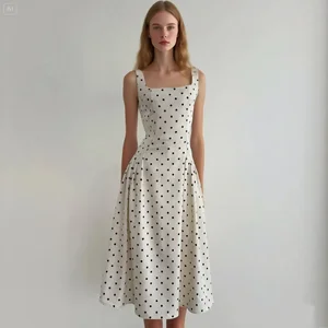 Custom Elegant Sleeveless Square Neck White Polka Dot Midi Dress for Women