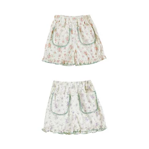 Purple Floral Print Breathable Girl Summer Shorts with Big Pockets Hot Sale Soft Cozy Baby Girls Outwear All Match Casual Shorts