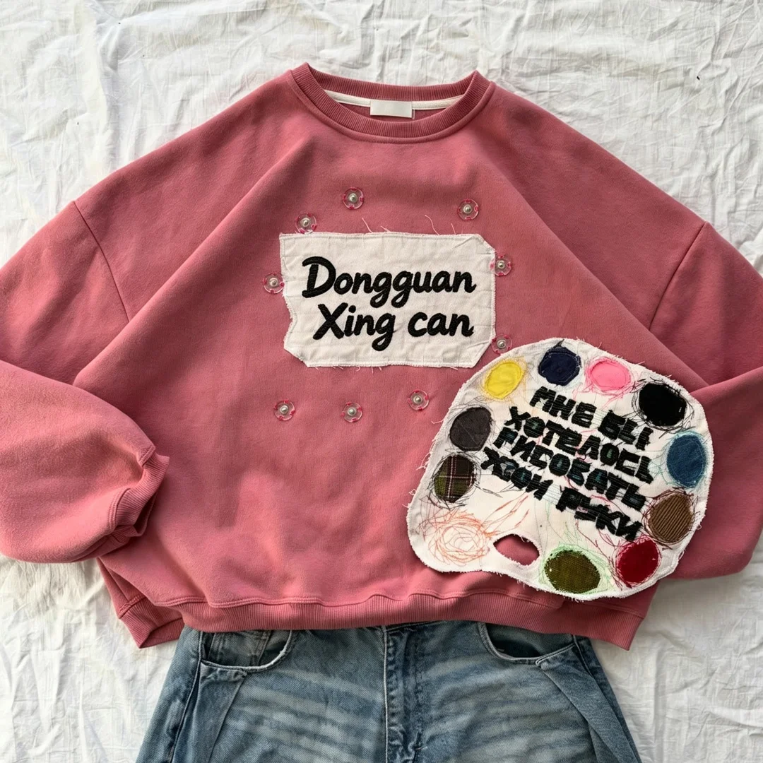 Swaar geborselde katoen kort crewneck, lap- en 3D-borduurwerk vintage gewas mans kort oorgroot straatklere sweatshirt