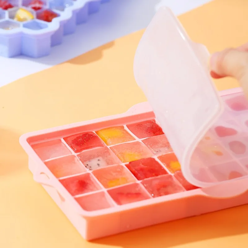 Reusable Food Grade Multi-color Kitchen Flexible 32/42 Grid Ice Tray Silicone Mold with Detachable Lid, Easy to Demold