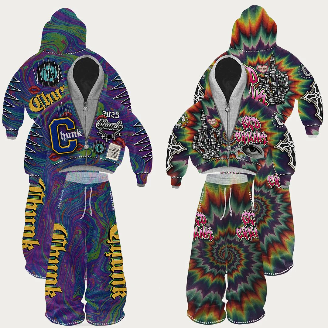 Customized Streetwear Baggy Hoodie and Stacked Double Waist Pants Set Acid Wash Tracksuits Rhinestone DTG Printed Sweatsuits