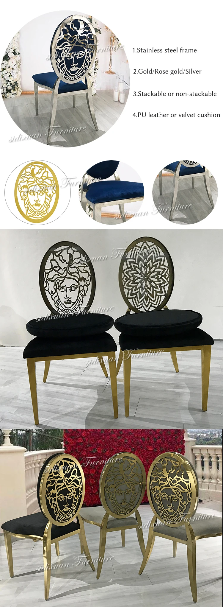 Stackable Style Hotel Single Blue Dining Chairs Chrome Legs Velvet