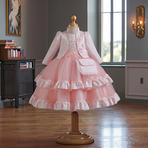 Summer Formal Princess Dress Suit for Girls Pink Chiffon Floral Bow Decoration Maxi Length for Host Performances Clothes for