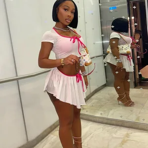 JY  Summer 2024 Bump Color Low Cut Short Sleeve Crop Top and Short Skirt 2 Piece Set Bodycon Sexy Women's Set