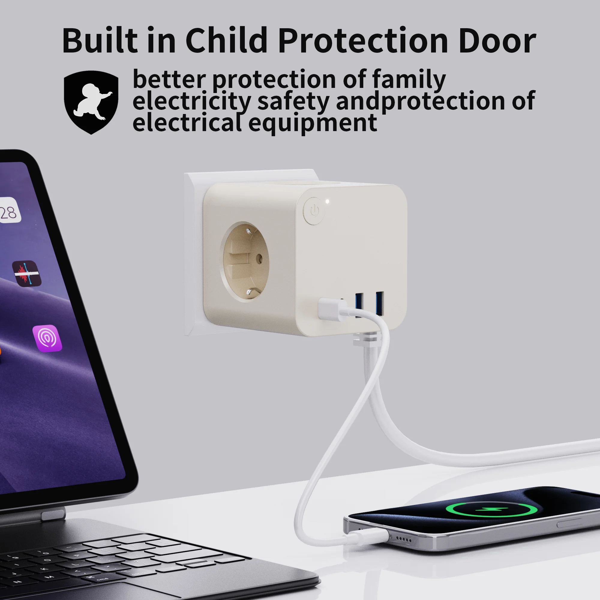 KC Portable Cube Power Socket EU Standard Smart Plug with 3 AC Outlets 2 USB and 2 TYPE-C 16A Rated Current 1.4M Cable