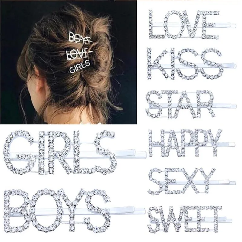 Ladies girls Hair clip words Diamante Letter silver accessory Love Happy Kiss UK 
