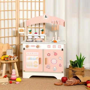 Kids Wooden Role Play Toy Kitchen Pretend Play Set Wood Pink Children's Pretend Kitchen Toys Wooden Kitchen Toy
