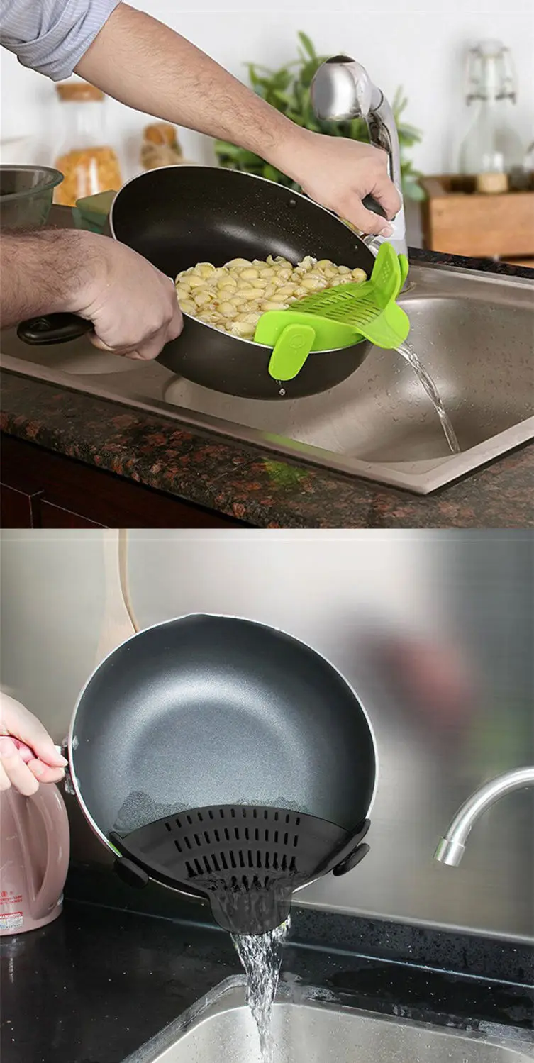 Creative New Style Kitchen Tools Waterproof Silicone Pot Edge Drainer Vegetable Noodle Water Filter Pouring Colander Strainer details
