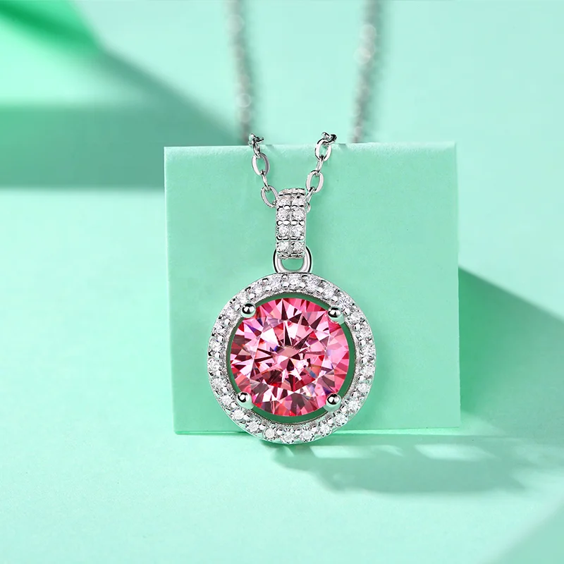 HMOIS fashion jewelry costom moissanite ring silver 3.0ct pink round moissanite diamonds necklace