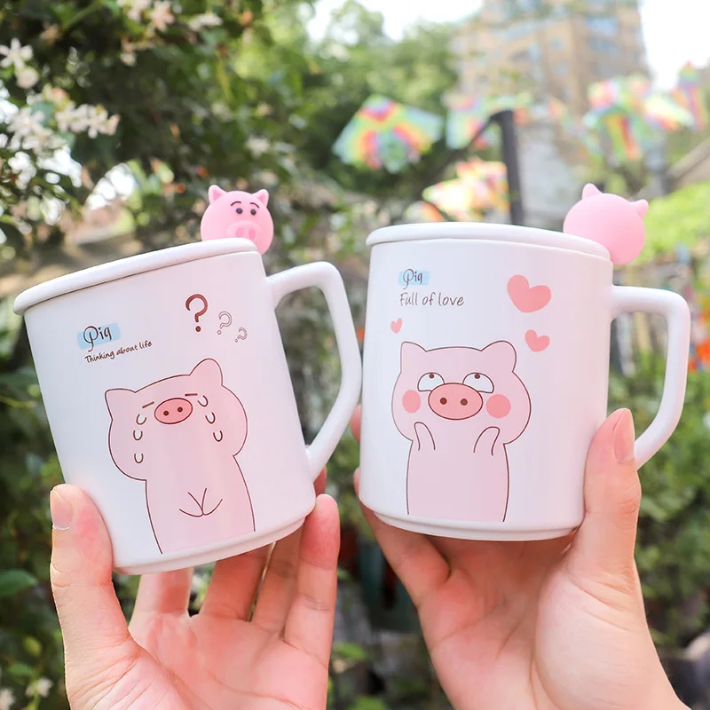 Cartoon Ceramic Mug with Lid Spoon Couple Breakfast Coffee Cup