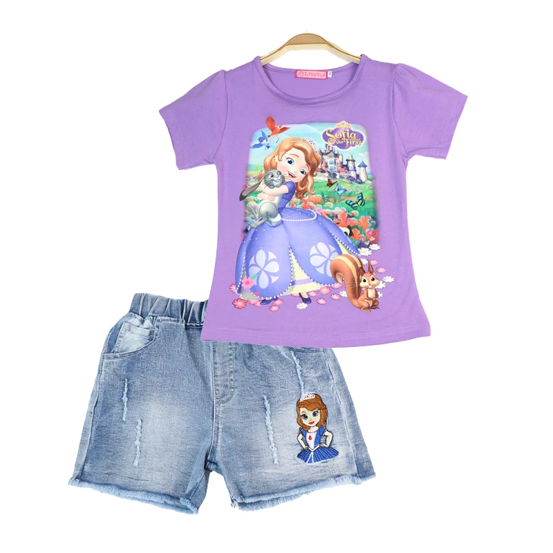 Комплект одежды для девочек хлопковая футболка с короткими рукавами «Эльза и Анна»; Сезон лето; Детские джинсы; Шорты; Одежда для детей, комплект из двух предметов детская одежда Sofia; Пони