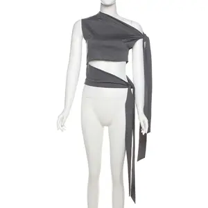 Dropshipping  Wholesale 2026 Summer Popular Sleeveless One Shoulder Stylish Woman Casual T Shirt