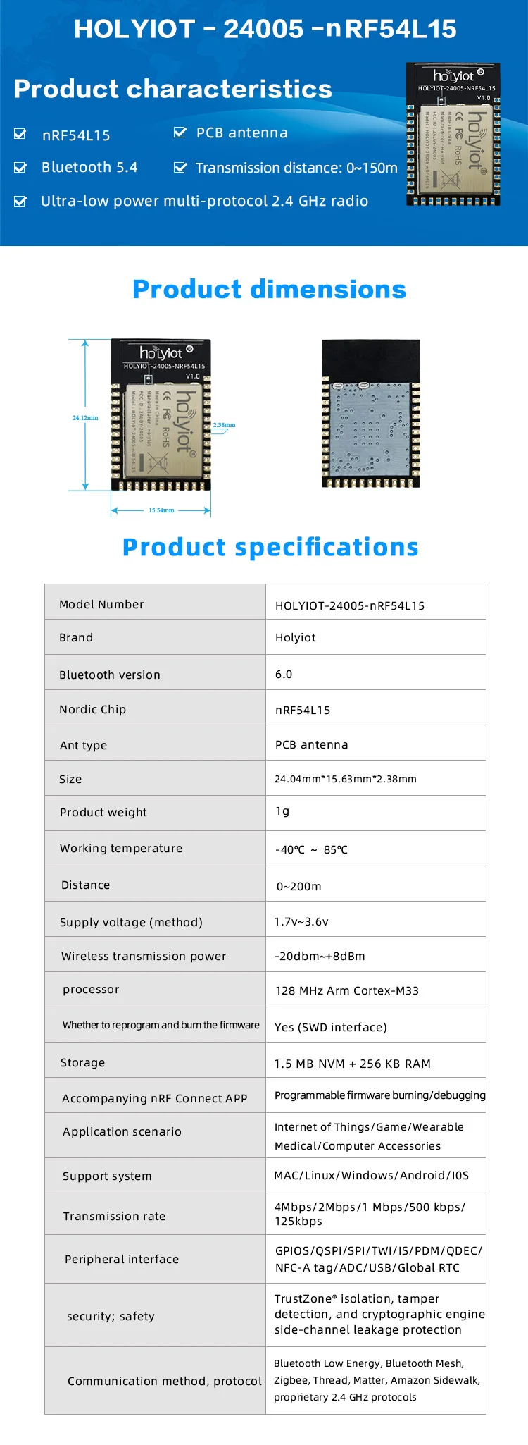 Holyiot nRF54L15 BLE Module, Bluetooth 5.4 Receiver for IoT Devices, 2 ...
