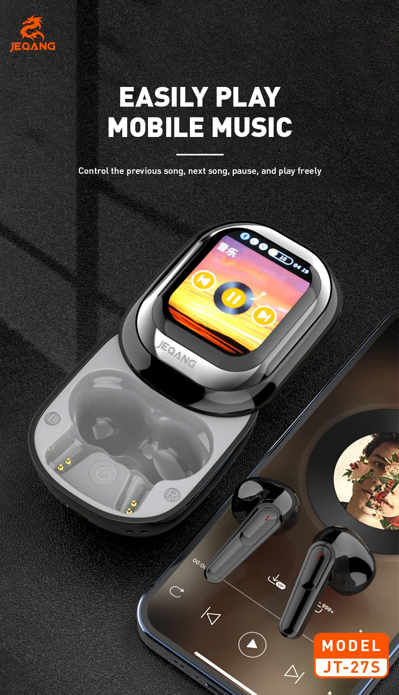 Jeqang-27S TWS BT Wireless In-Ear Earphones Smart Touch Screen Noise Cancelling Headphones Supports WeChat WhatsApp Messages