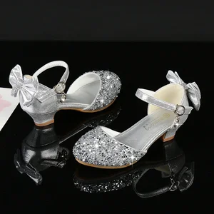 Girls High Heels Princess Leather Performance Party Shoes Sparkle Bow Design Crystal Children's Dress Shoes