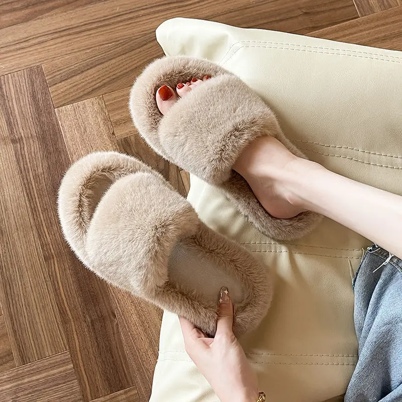 Soft Warm Plush Furry Open Toe Fur Slides Fuzzy Fluffy House Indoor ...